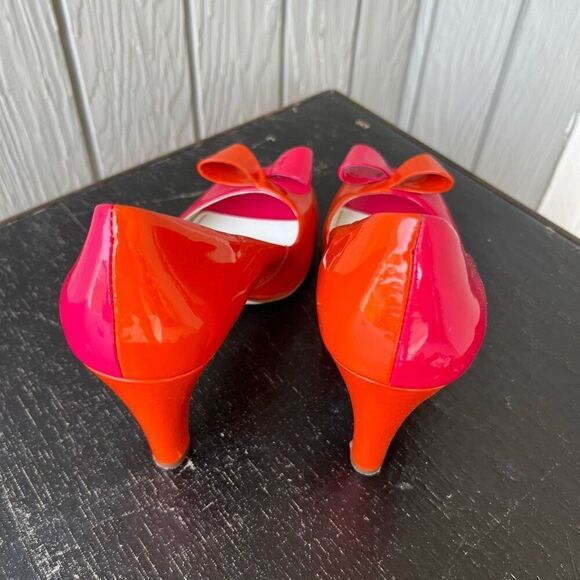 Anne Klein Foxie Pink Orange Patent Bow Heels SZ 7 Peep Toe Pumps - Picture 4 of 12